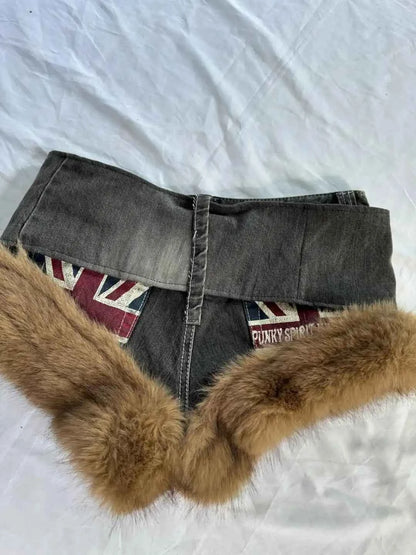 2026 Europe and America Style Hip Hop Style Splicing Fur Collar Mini Denim Shorts Womens Y2k Personality Popular Sexy Shorts