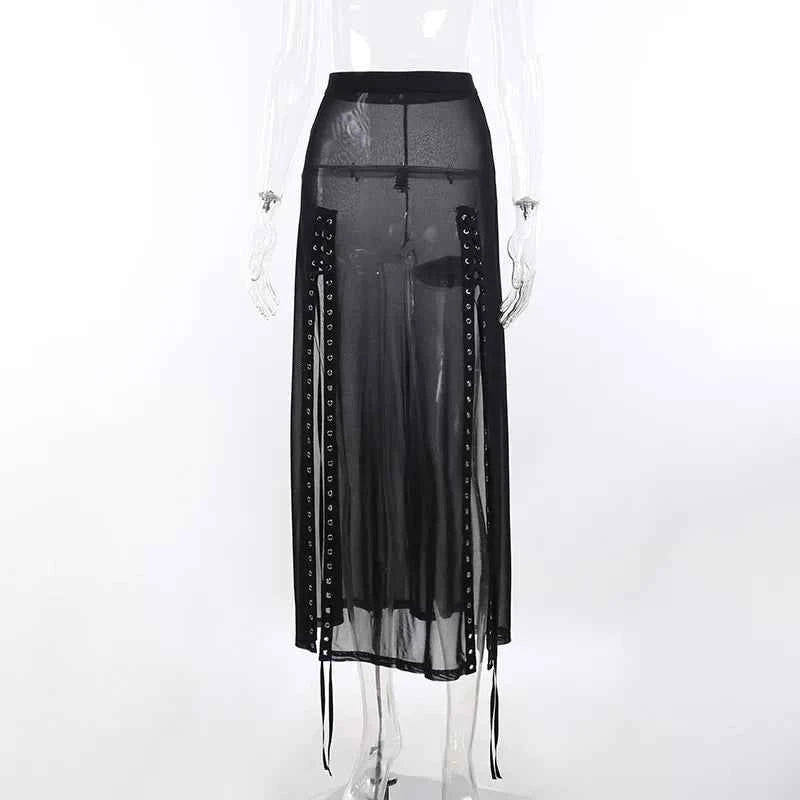Goth Mesh Perspective Side Slit Skirt Lace Up Dark Punk Gothic Faldas Feminino Thin Summer Aesthetical