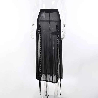 Goth Mesh Perspective Side Slit Skirt Lace Up Dark Punk Gothic Faldas Feminino Thin Summer Aesthetical