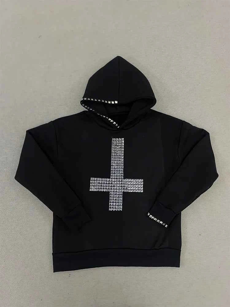Winter Women's Studded Cross Hoodie | Gothic Streetwear | MUNSIEUR