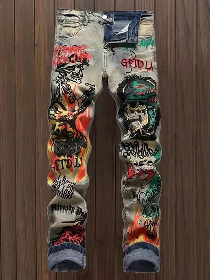European and American new trend fashion old washed hole printed jeans