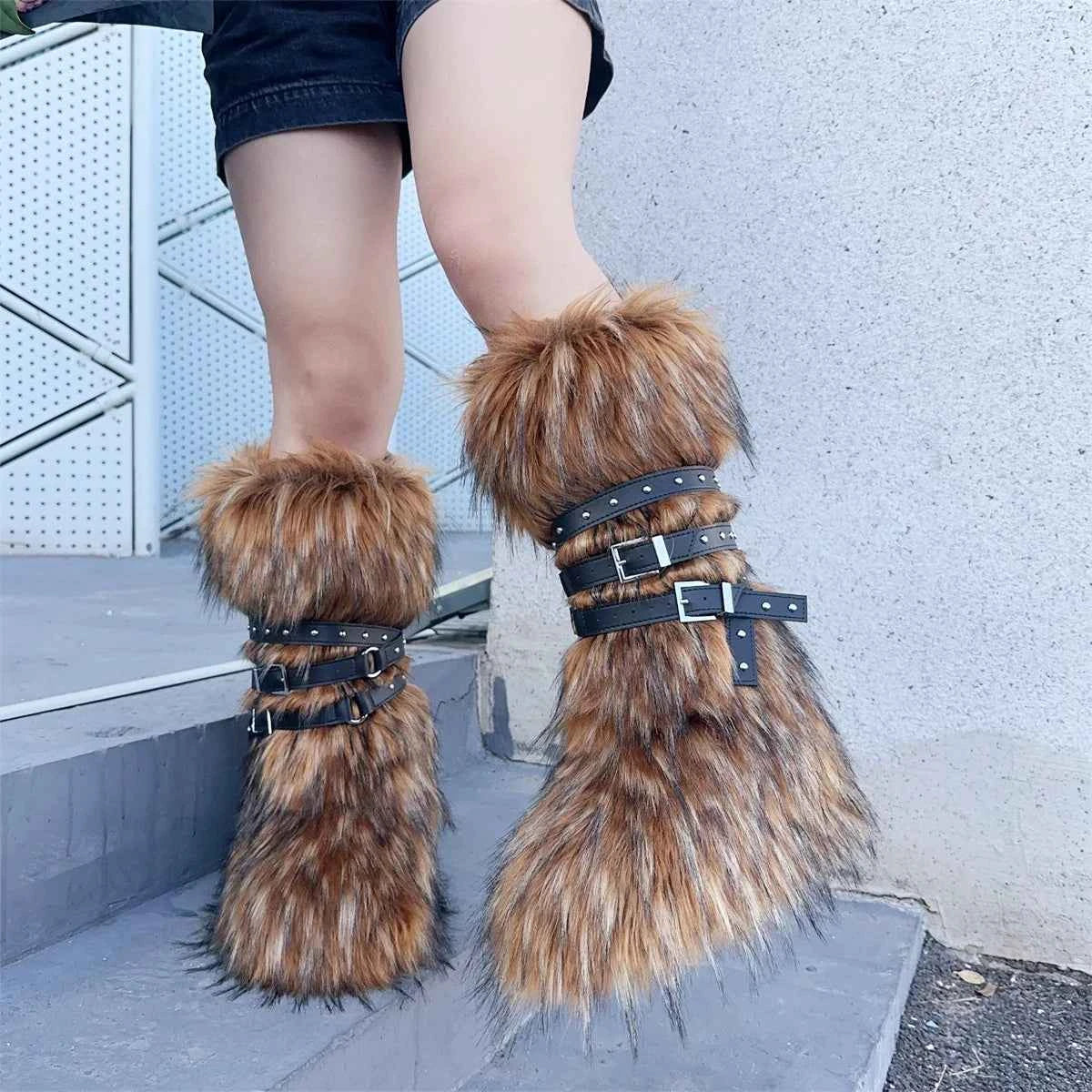 Ladies Faux Fur Knee High Wedge Platform Boots Popular Brown Spice Girl Cross Belt Buckle Winter New Snow Boots For Women