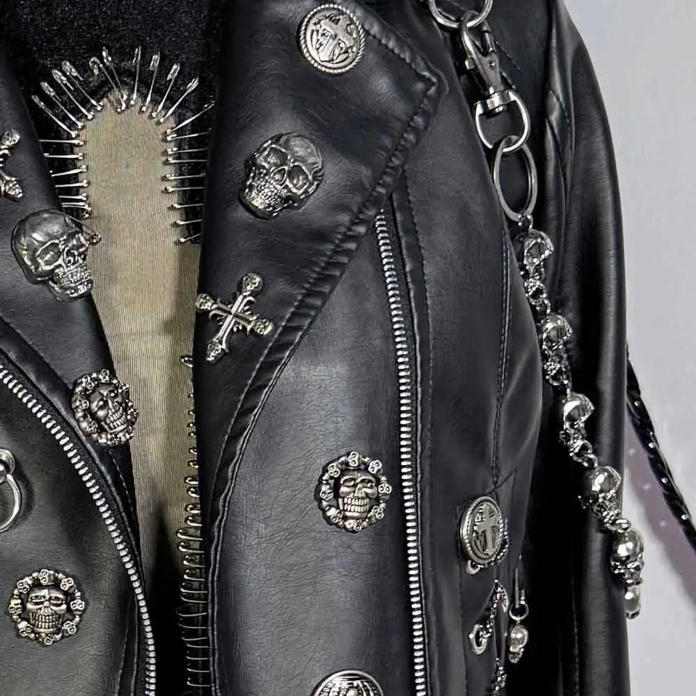Y2K Vegan Leather Skull Studded Rivets Jacket Coat E-Girls Gothic Harajuku Grunge Chain Emo Eco DIY Punk Rock Hand Made