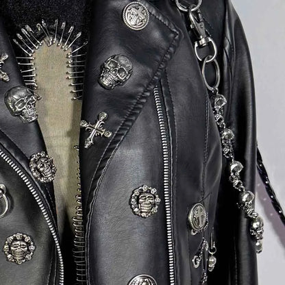 Y2K Vegan Leather Skull Studded Rivets Jacket Coat E-Girls Gothic Harajuku Grunge Chain Emo Eco DIY Punk Rock Hand Made