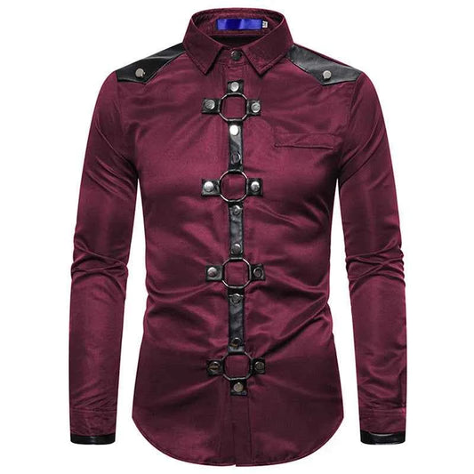 Men's Gothic Style Shirt Regular Fit Ring Rivet Lapel Neck Long Sleeve Tops for Party Club Stage