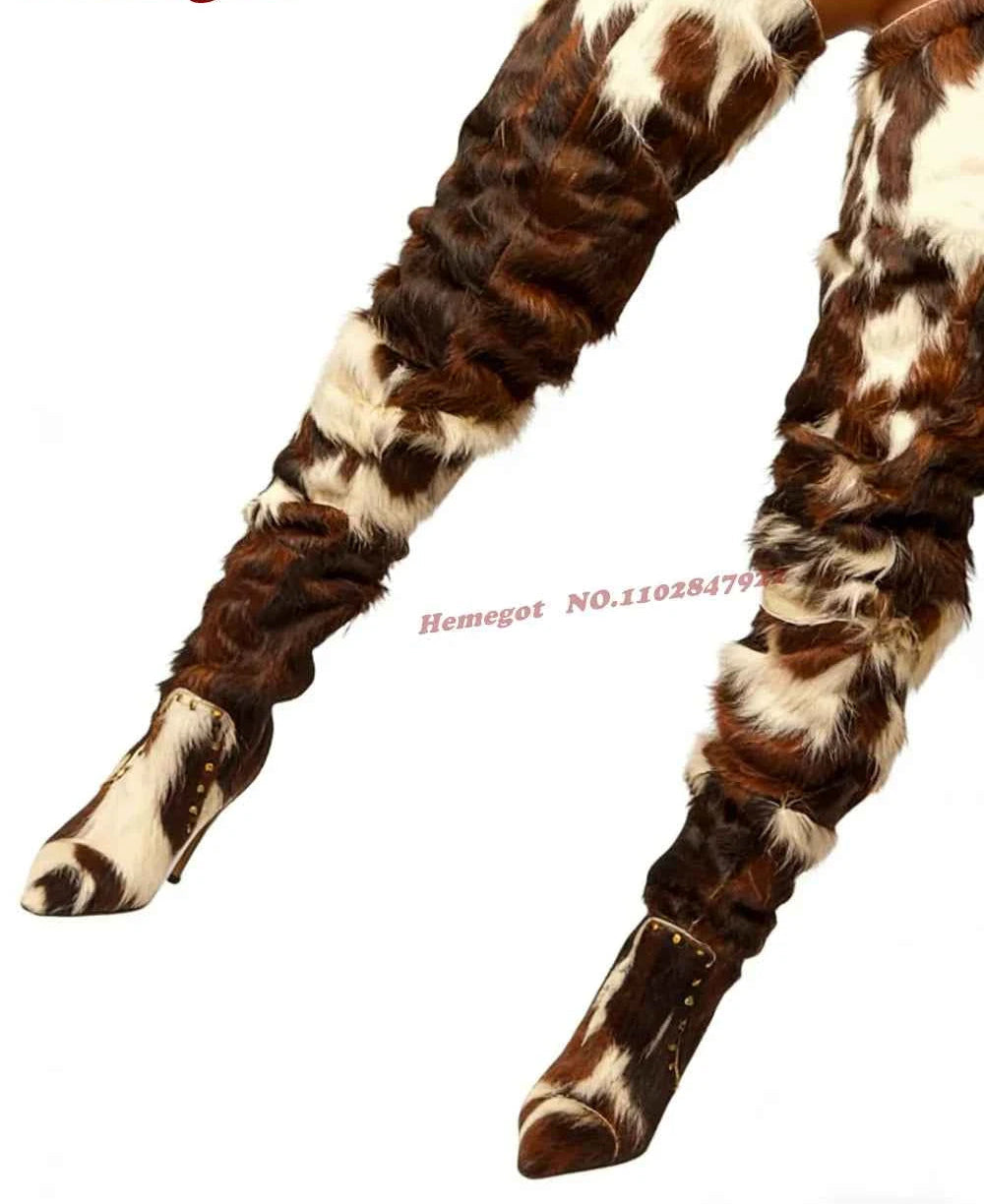 Horsehair Patchwork Thigh High Boots Rivet Stiletto Fur Pointy Toe Women's Boots Winter Thin High Heeled Warm Casual Shoes 2026