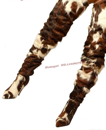Horsehair Patchwork Thigh High Boots Rivet Stiletto Fur Pointy Toe Women's Boots Winter Thin High Heeled Warm Casual Shoes 2026