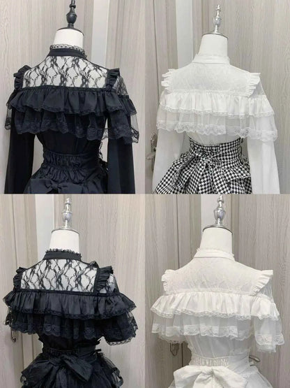Japanese Kawaii Lolita Lace Patchwork Blouses Summer Women Harajuku Single Breasted Sweet Shirts Summer Girly JK Bow Tops Blusas