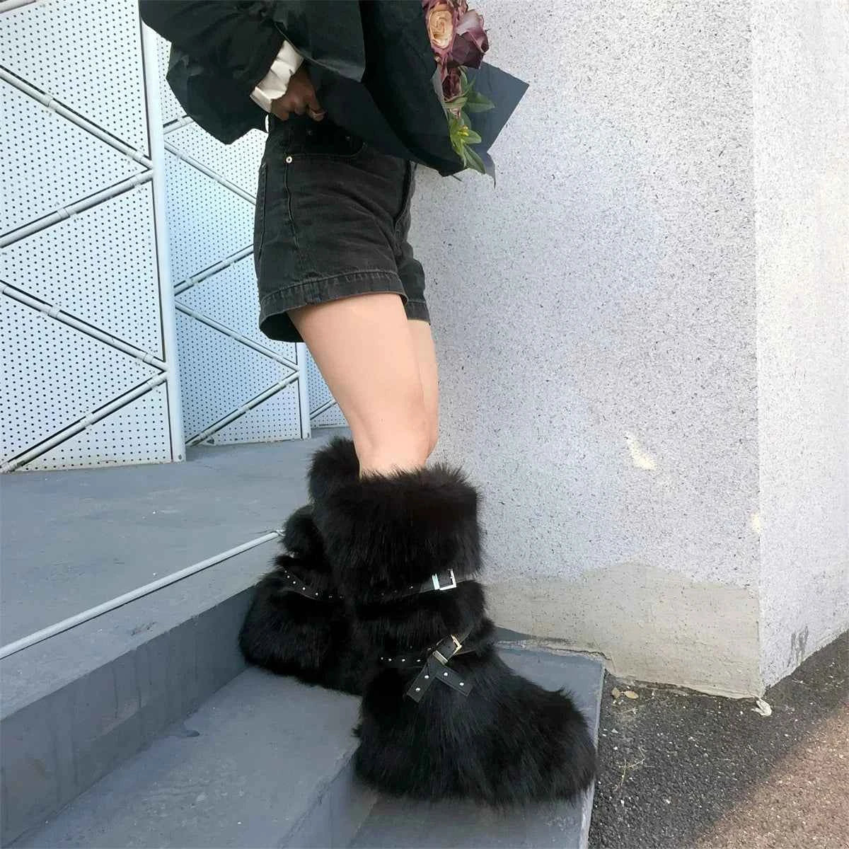 Ladies Faux Fur Knee High Wedge Platform Boots Popular Brown Spice Girl Cross Belt Buckle Winter New Snow Boots For Women
