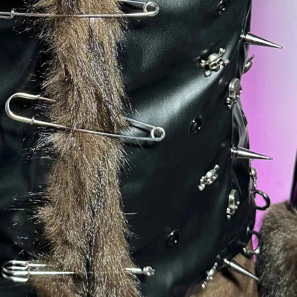 Hip Hop Teen E-Girls Emo Grunge Goth DIY Club Wear Hand Made Punk Rock Studded Y2K Vegan Leather Faux Fur Jacket Coat Pin