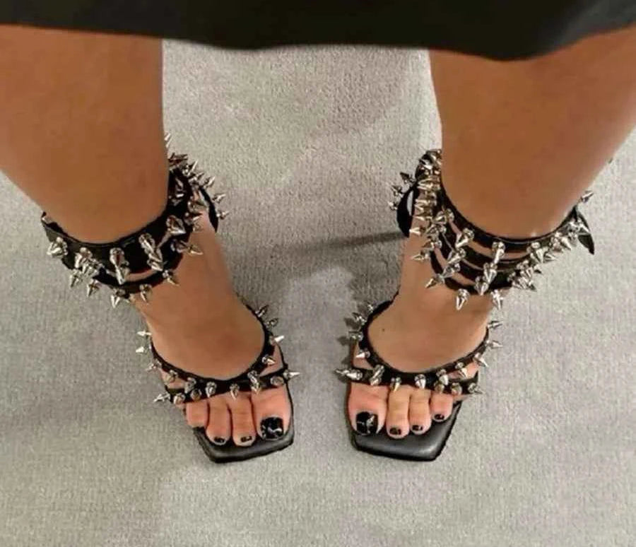 Punk Style Spikes Ankle Strap Stilettos Square Open Toe Thin High Heels Party Shoes Women's Streetwear Evening Trending Sandals