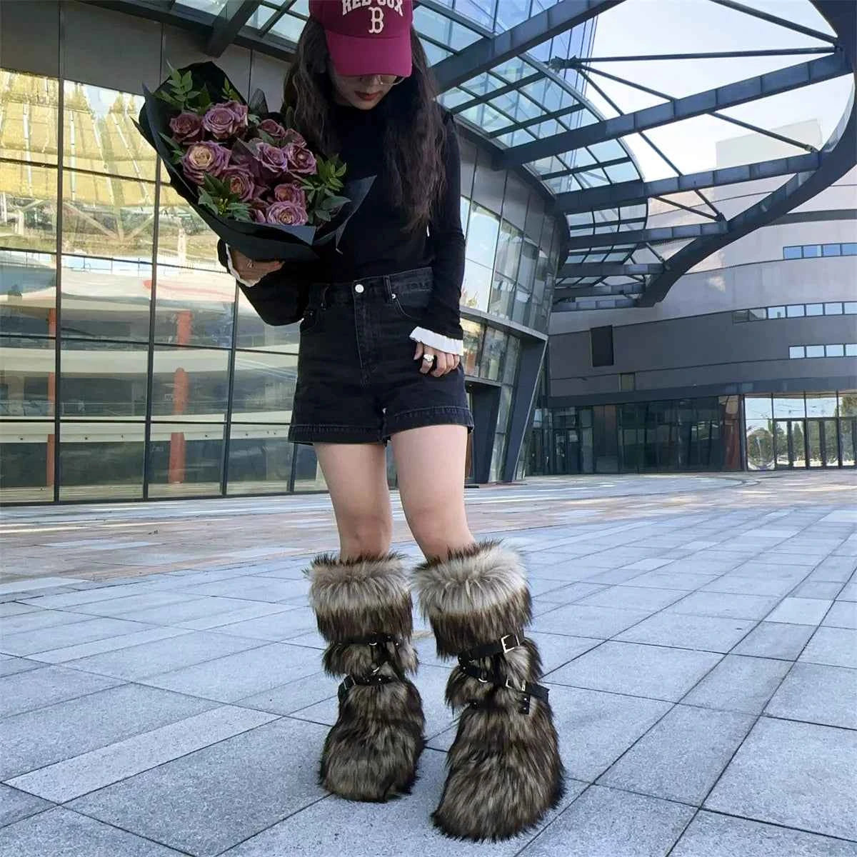 Ladies Faux Fur Knee High Wedge Platform Boots Popular Brown Spice Girl Cross Belt Buckle Winter New Snow Boots For Women