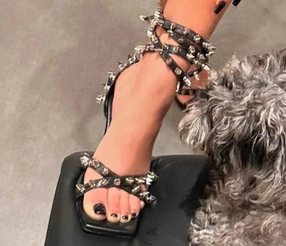 Punk Style Spikes Ankle Strap Stilettos Square Open Toe Thin High Heels Party Shoes Women's Streetwear Evening Trending Sandals
