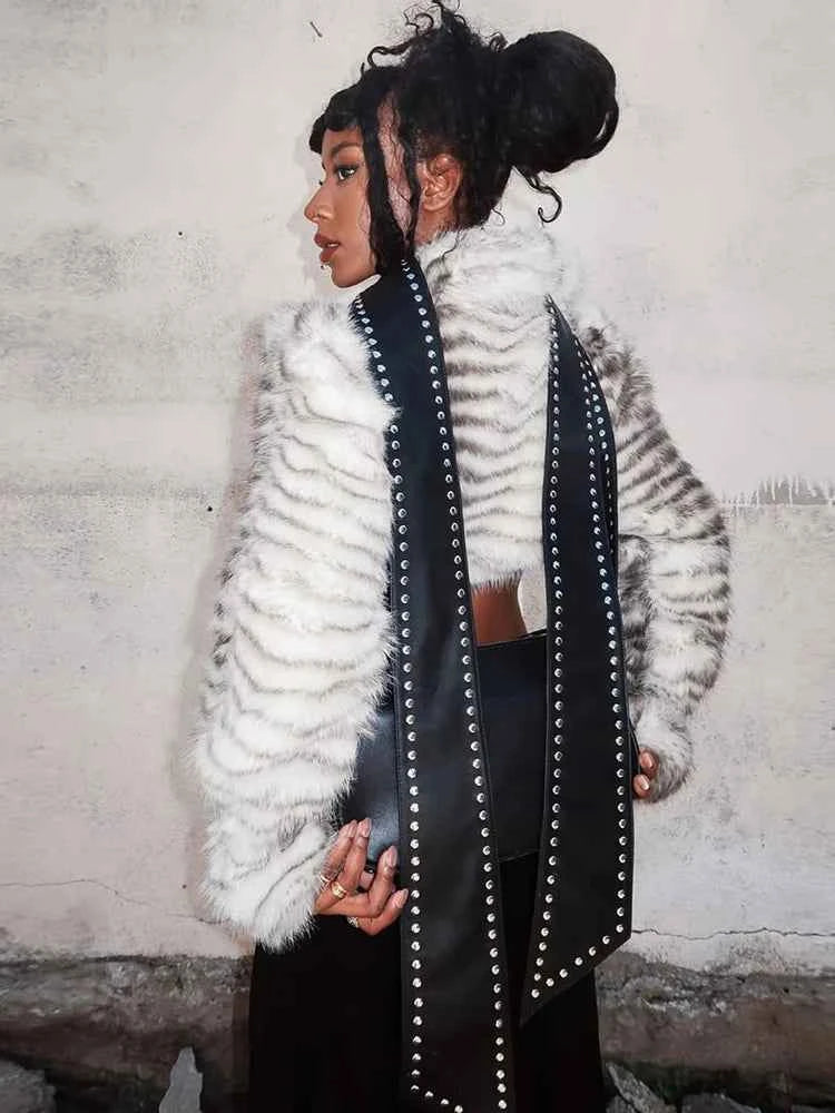 Kliou Sexy Fashion Crop Jacket Woman Autumn Trend Furry Warm Style Belt Metal Buckle Cardigan Full Sleeve High Street Jacket