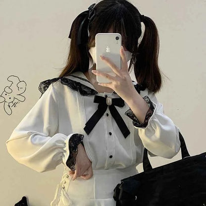 Kawaii Women Shirts Jirai Kei Lolita Y2K Cute Japanese Style Blouse Elegant Long Sleeve Sweet Tops Casual Aesthetic Shirt 2024