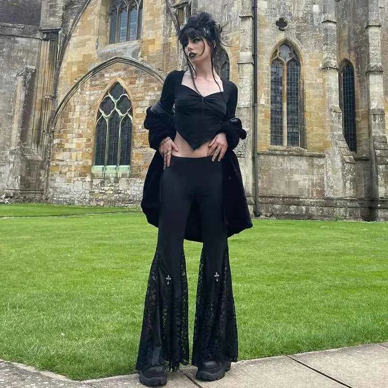 Goth Mall Flare Pants Sexy Black Lace Patchwork High Waist Vintage Harajuku Hippie Punk Grunge Streetwear  Y2k Pants