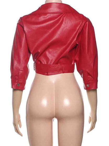 Weird Puss Luxury Crop Jacket Women PU Fall Wild Deep V-Neck Elegant Belt Buckle Zip Full Sleeve Streetwear Office Classic Coat