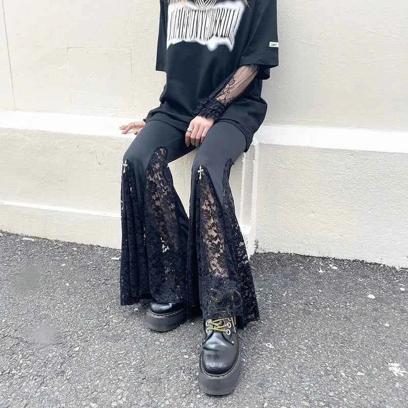 Goth Mall Flare Pants Sexy Black Lace Patchwork High Waist Vintage Harajuku Hippie Punk Grunge Streetwear  Y2k Pants