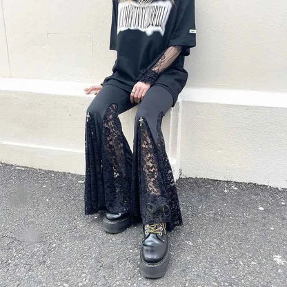 Goth Mall Flare Pants Sexy Black Lace Patchwork High Waist Vintage Harajuku Hippie Punk Grunge Streetwear  Y2k Pants