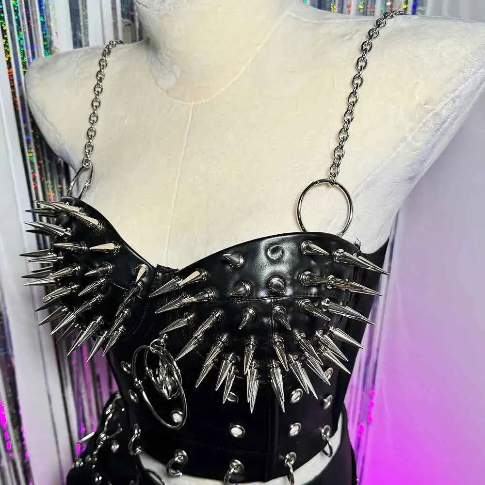 Gothic Emo Punk Woman Top with Spikes Grunge PU Leather Tank Y2K Alternative Clothing Sexy Party Club Wear T-shirt for Women