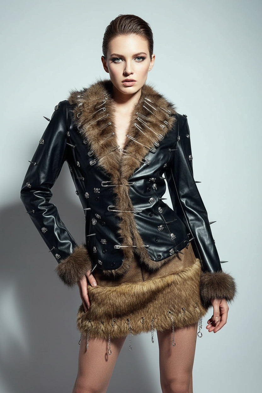 Hip Hop Teen E-Girls Emo Grunge Goth DIY Club Wear Hand Made Punk Rock Studded Y2K Vegan Leather Faux Fur Jacket Coat Pin