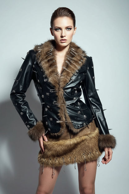 Hip Hop Teen E-Girls Emo Grunge Goth DIY Club Wear Hand Made Punk Rock Studded Y2K Vegan Leather Faux Fur Jacket Coat Pin