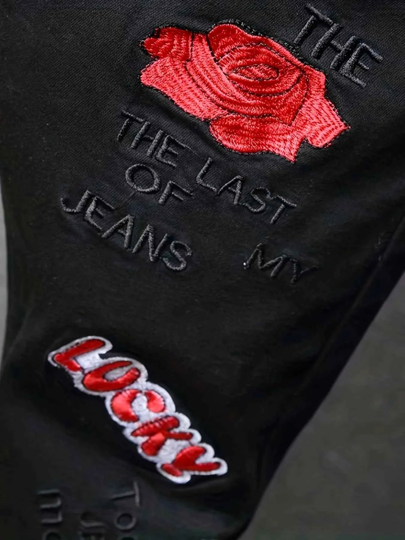 Men's slim fit jeans embroidered elastic straight leg denim pants
