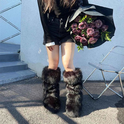 Ladies Faux Fur Knee High Wedge Platform Boots Popular Brown Spice Girl Cross Belt Buckle Winter New Snow Boots For Women