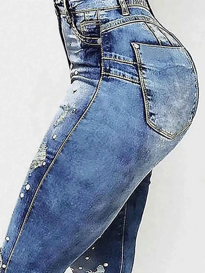 Women's High Waisted Ripped Flared Jeans with Nail Beads, Elastic Denim Pants for Street Style
