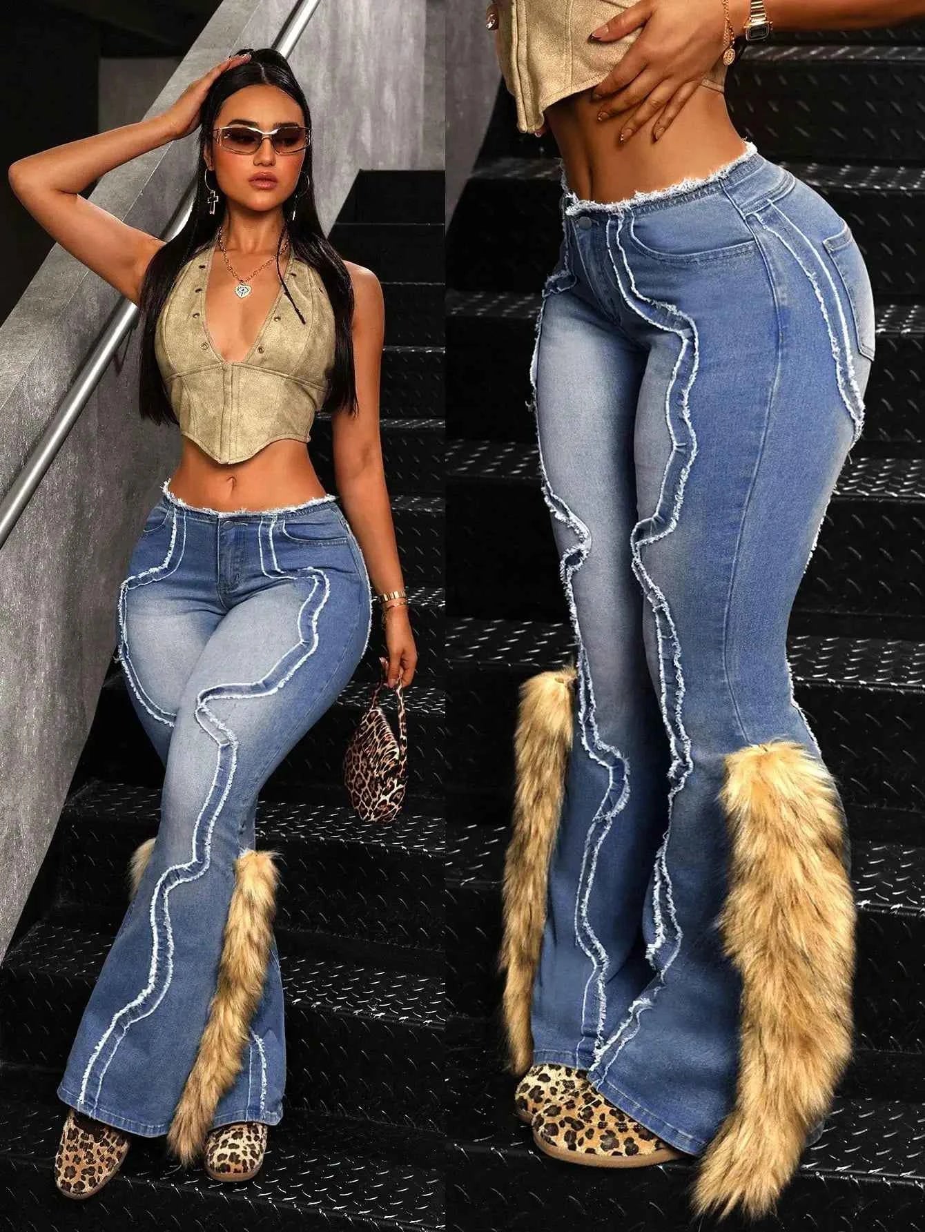 Vintage Fuzzy Patch Fur Trim Flared Denim Jeans for Women, High Waist Stretchy Streetwear
