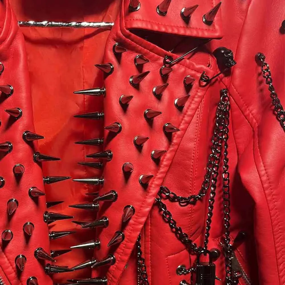 Club Wear Spike Studded Rivet Coat E-Girls Punk Rock Goth Emo Gothic Y2K Pu leather Jacket Harajuku Grunge Chain Zipper
