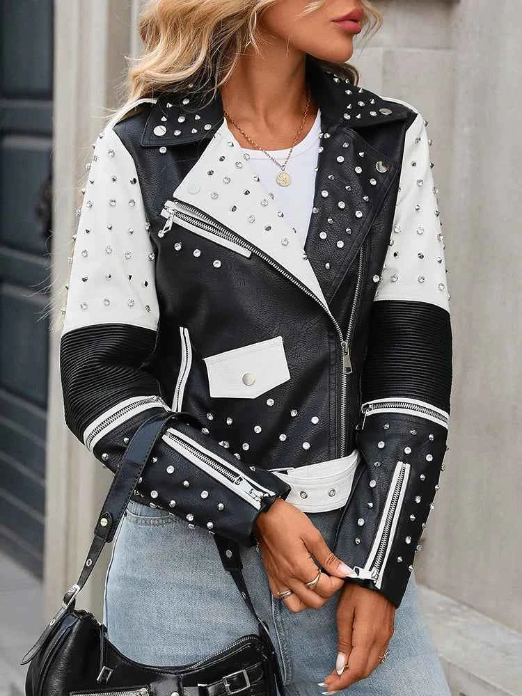 Ailegogo New Spring Autumn Women Street Rivet Black White Faux Leather Jacket Moto Biker Punk Belt Coat Outwear