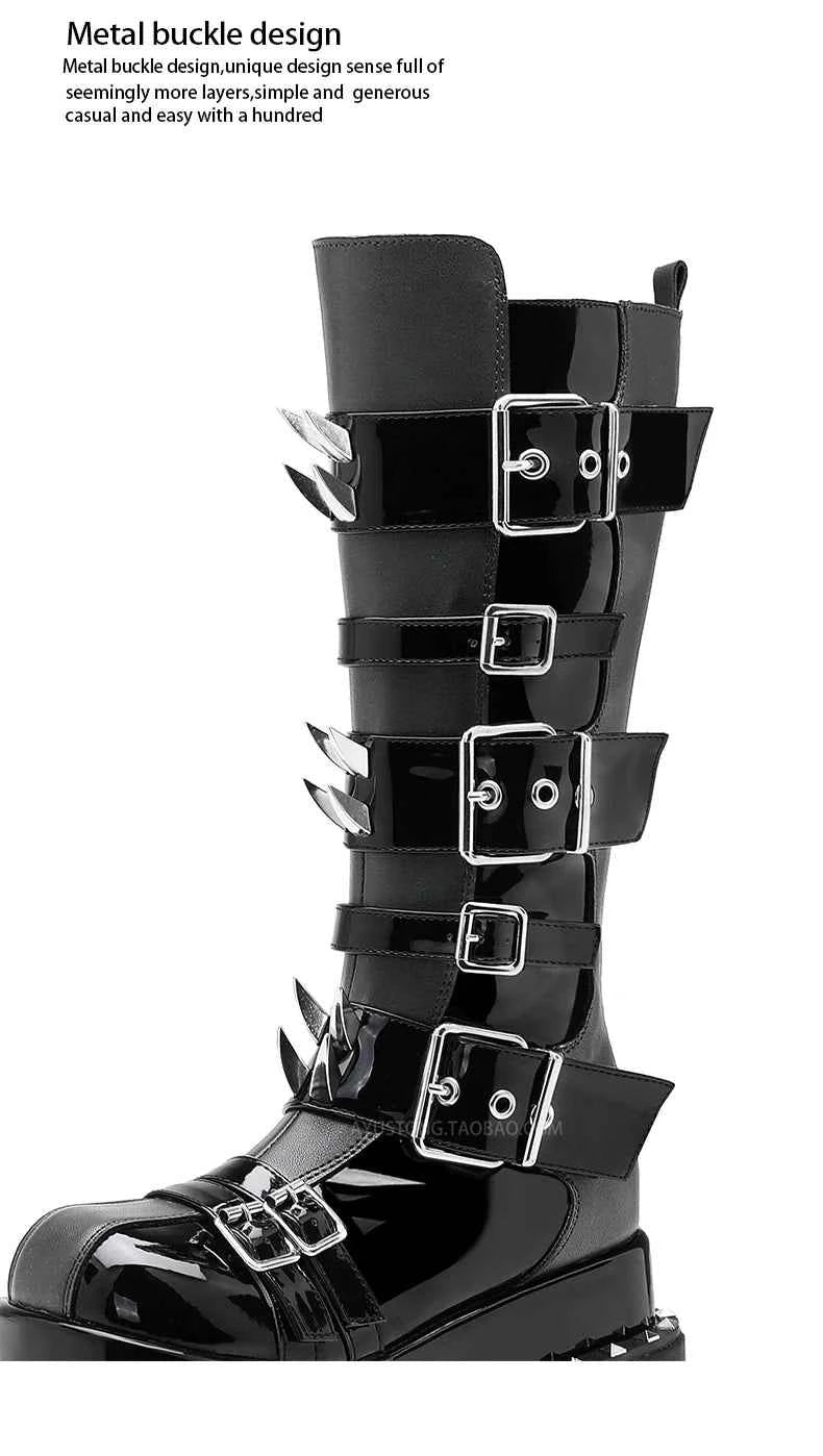 Belt Buckle Spike Rivet Platform Motorcycle Boots Round Toe Thick Sole Side Zipper Punk Knee High Boots Heavy Work Gothic Style