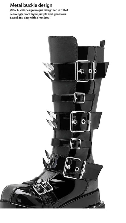 Belt Buckle Spike Rivet Platform Motorcycle Boots Round Toe Thick Sole Side Zipper Punk Knee High Boots Heavy Work Gothic Style