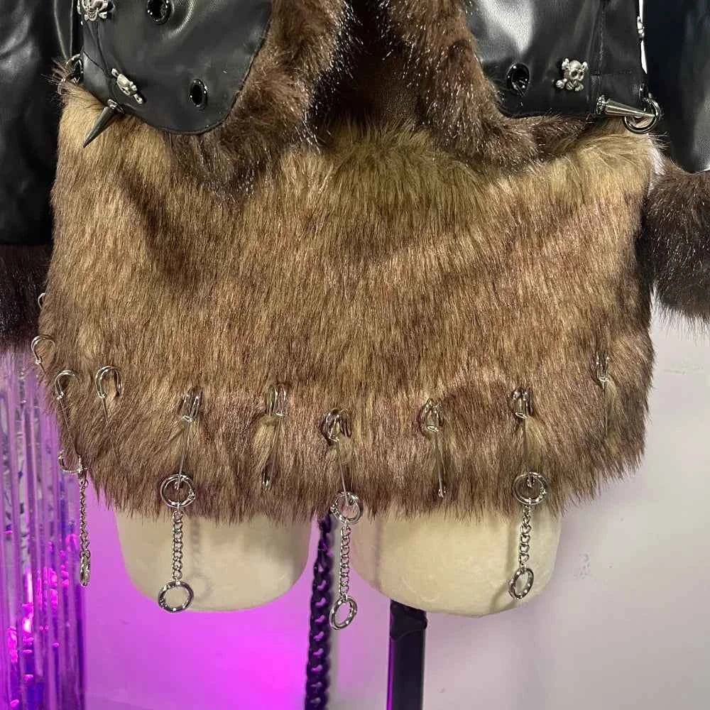 Hip Hop Teen E-Girls Emo Grunge Goth DIY Club Wear Hand Made Punk Rock Studded Y2K Vegan Leather Faux Fur Jacket Coat Pin