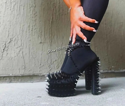 Sexy Spikes Square Toe Pumps Rivet Buckle Straps Chunky High Heel Suede Shallow Cross-tied Punk Shoes 2025 New Fashion Women