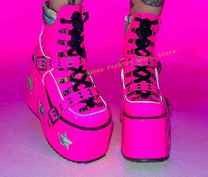 Green Spaced Out Platform Boots Round Toe Wedge Belt Buckle Lace Up Patchwork Women Cyberpunk Boots Gothic Style Y2K Shoes 2025