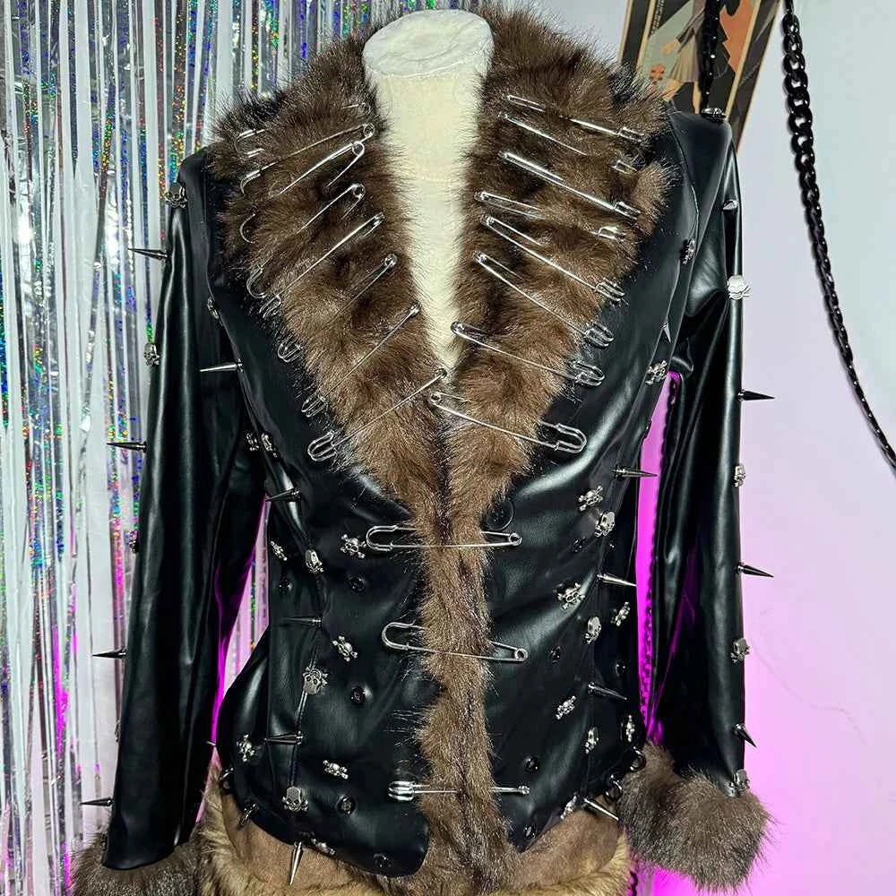 Hip Hop Teen E-Girls Emo Grunge Goth DIY Club Wear Hand Made Punk Rock Studded Y2K Vegan Leather Faux Fur Jacket Coat Pin