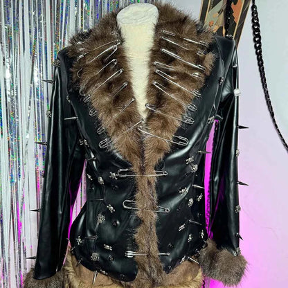 Hip Hop Teen E-Girls Emo Grunge Goth DIY Club Wear Hand Made Punk Rock Studded Y2K Vegan Leather Faux Fur Jacket Coat Pin