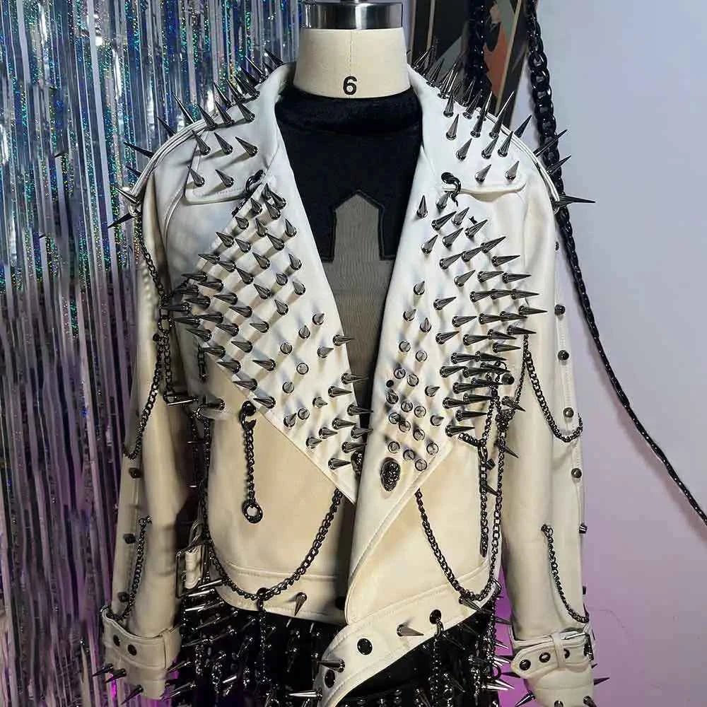 Digital Y2K Vegan Leather Skull Jacket Coat Club Wear Eco Punk Rock E-Girls Emo Hip Hop Harajuku Studded Rivet Gothic Grunge