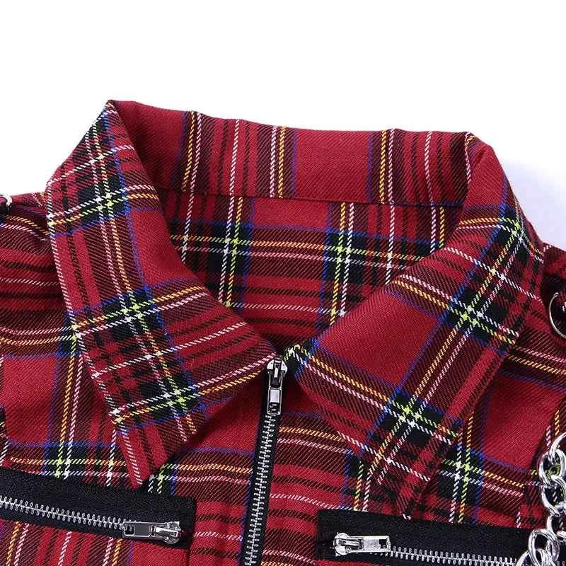 Women T-shirt Plaid Punk Streetwear Zipper Chain Plaid Female Goth Retro Hi Hop Camis Top Gothic Chic Sexy Crop Tops