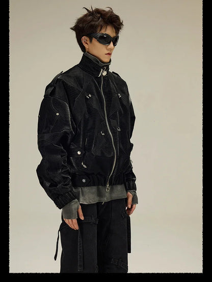 High Quality Crocodile Patchwork Pu Leather Coat Luxury Streetwear Men's Gothic Urban