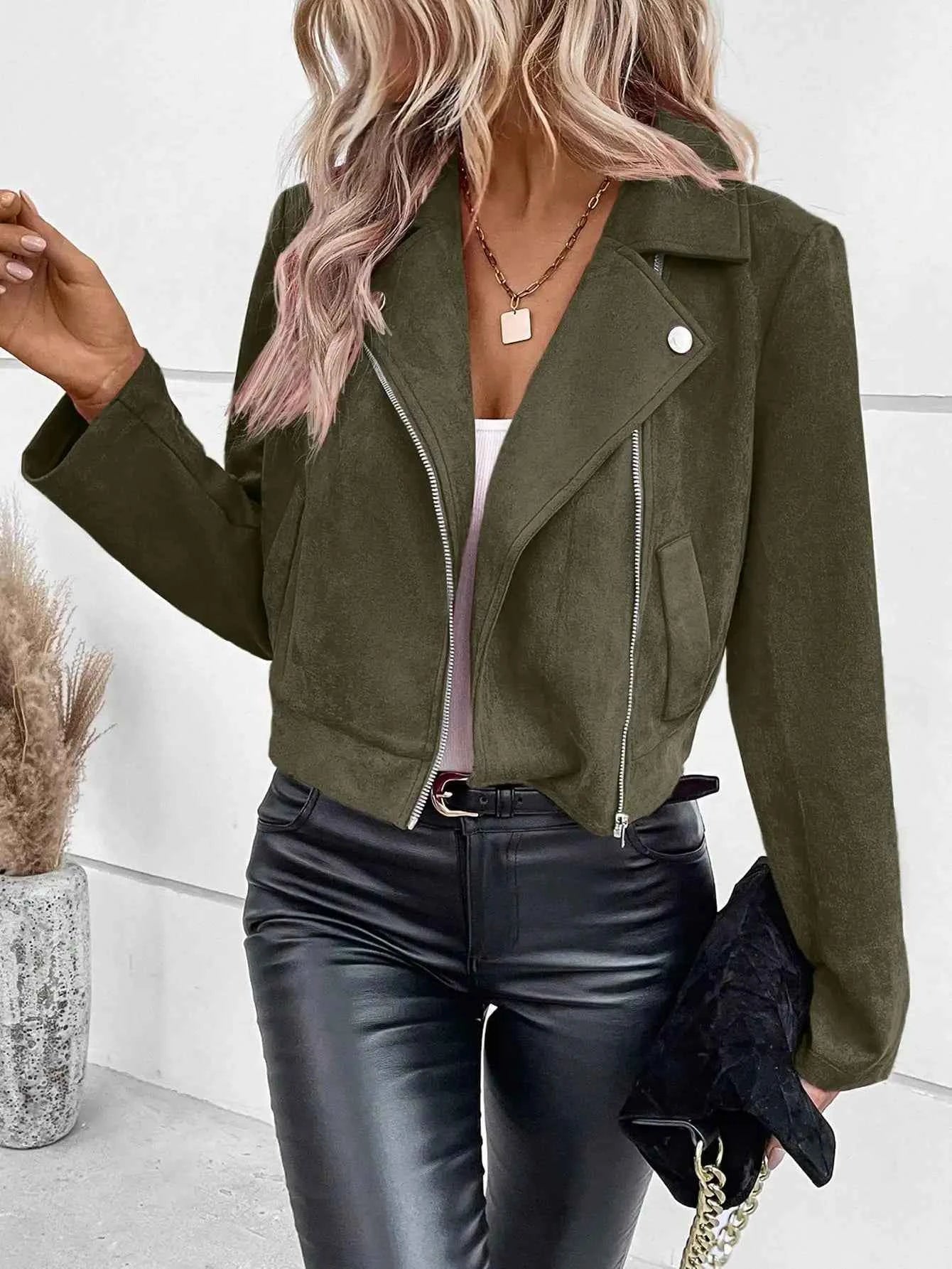 Faux Suede Women Jakcet Zipper Fly Lapel Buttons Motorcycle Jacket Leather Jacket Windproof High Street Biker Jacket Cardigan
