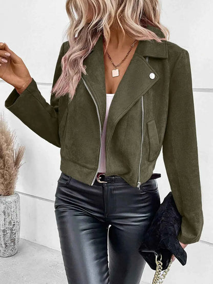 Faux Suede Women Jakcet Zipper Fly Lapel Buttons Motorcycle Jacket Leather Jacket Windproof High Street Biker Jacket Cardigan