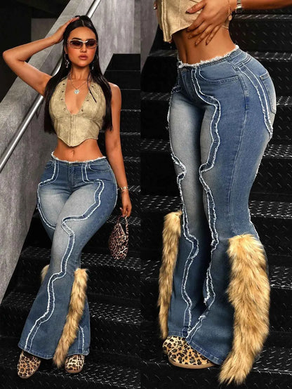 Vintage Fuzzy Patch Fur Trim Flared Denim Jeans for Women, High Waist Stretchy Streetwear