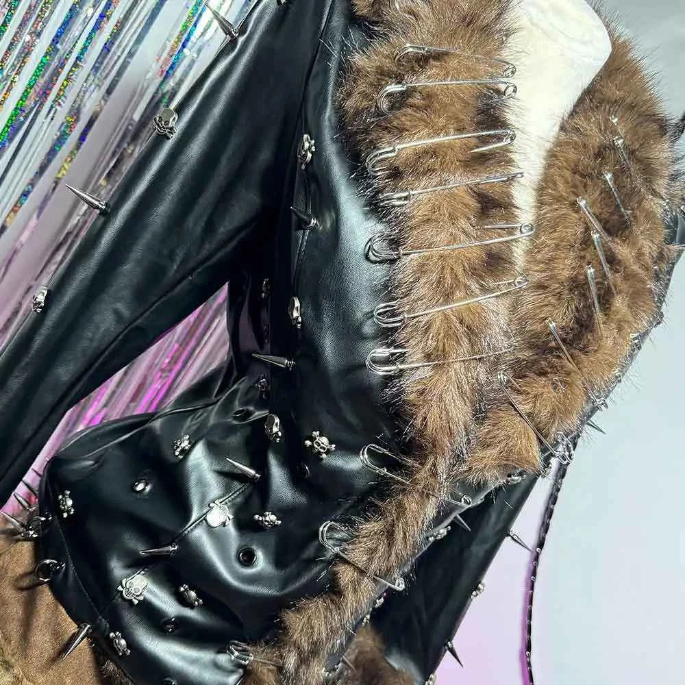 Hip Hop Teen E-Girls Emo Grunge Goth DIY Club Wear Hand Made Punk Rock Studded Y2K Vegan Leather Faux Fur Jacket Coat Pin