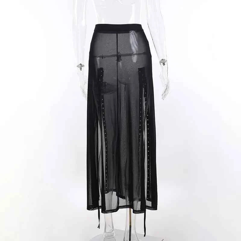 Goth Mesh Perspective Side Slit Skirt Lace Up Dark Punk Gothic Faldas Feminino Thin Summer Aesthetical