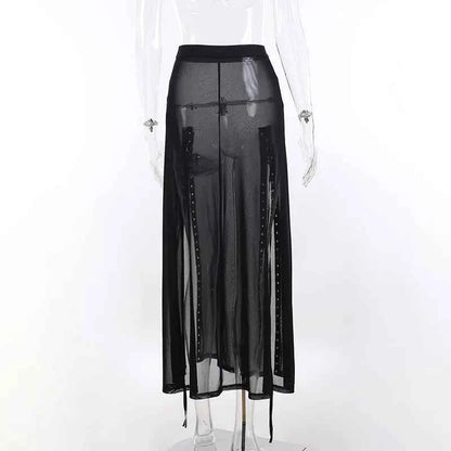 Goth Mesh Perspective Side Slit Skirt Lace Up Dark Punk Gothic Faldas Feminino Thin Summer Aesthetical