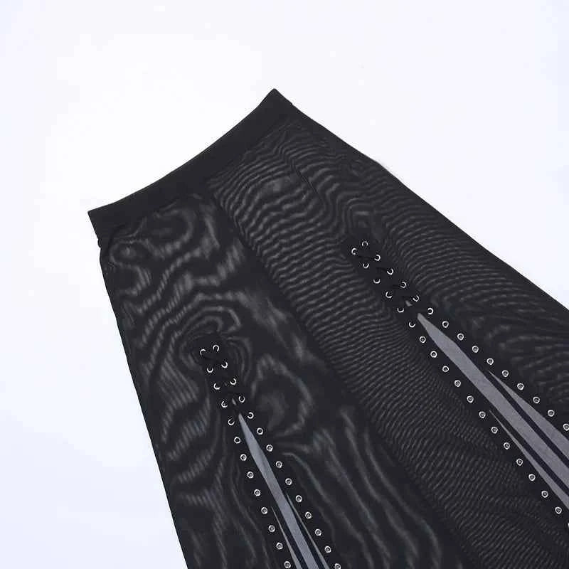 Goth Mesh Perspective Side Slit Skirt Lace Up Dark Punk Gothic Faldas Feminino Thin Summer Aesthetical