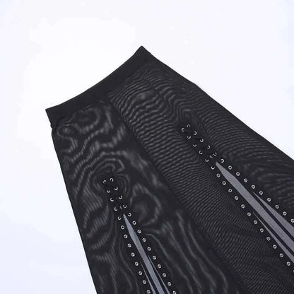Goth Mesh Perspective Side Slit Skirt Lace Up Dark Punk Gothic Faldas Feminino Thin Summer Aesthetical